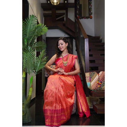 Isadora Life Womens Woven Zari Orange Pre-Draped Saree With Unstitched Blouse