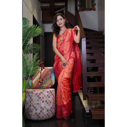 Isadora Life Womens Woven Zari Orange Pre-Draped Saree With Unstitched Blouse