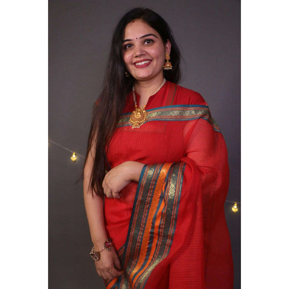 Isadora Life Womens Woven Zari Red Pre-Draped Saree With Unstitched Blouse