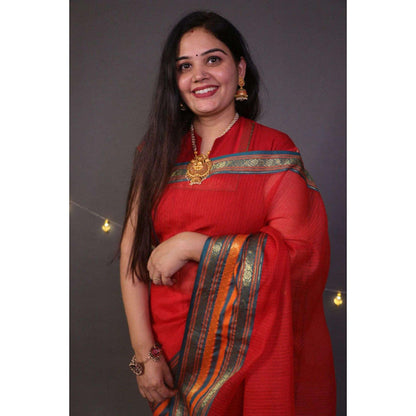 Isadora Life Womens Woven Zari Red Pre-Draped Saree With Unstitched Blouse