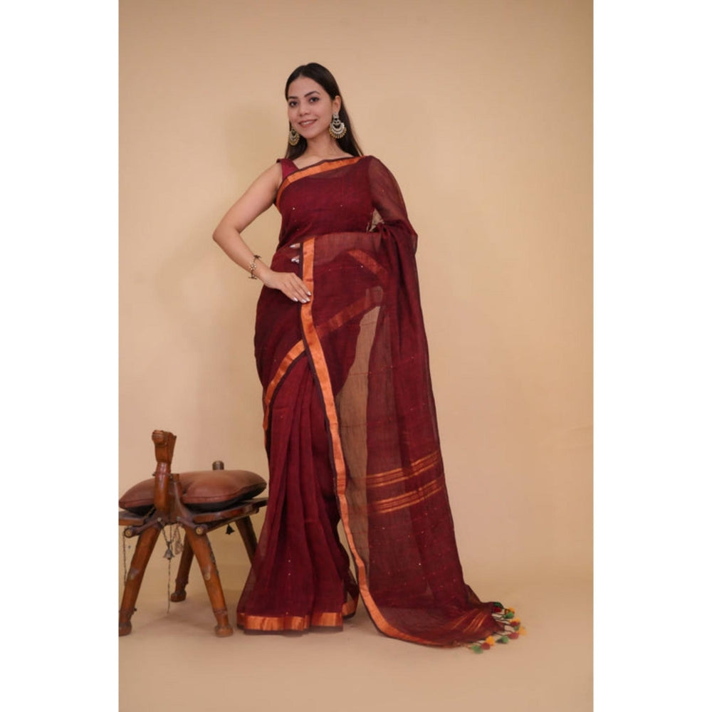 Isadora Life Womens Woven Tassels Maroon Pre-Draped Saree With Unstitched Blouse