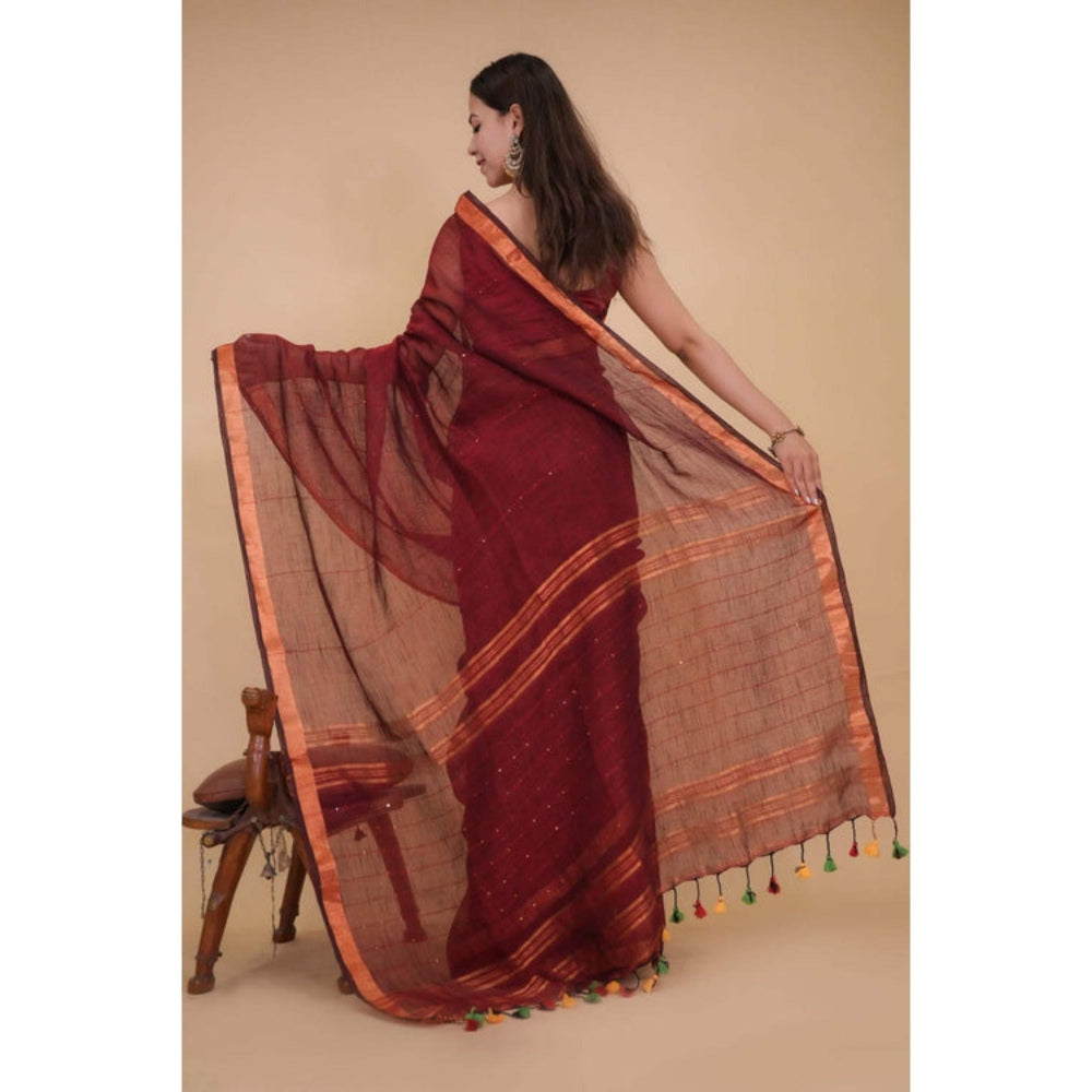 Isadora Life Womens Woven Tassels Maroon Pre-Draped Saree With Unstitched Blouse