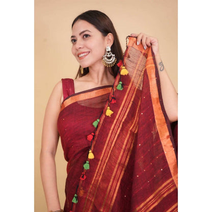 Isadora Life Womens Woven Tassels Maroon Pre-Draped Saree With Unstitched Blouse