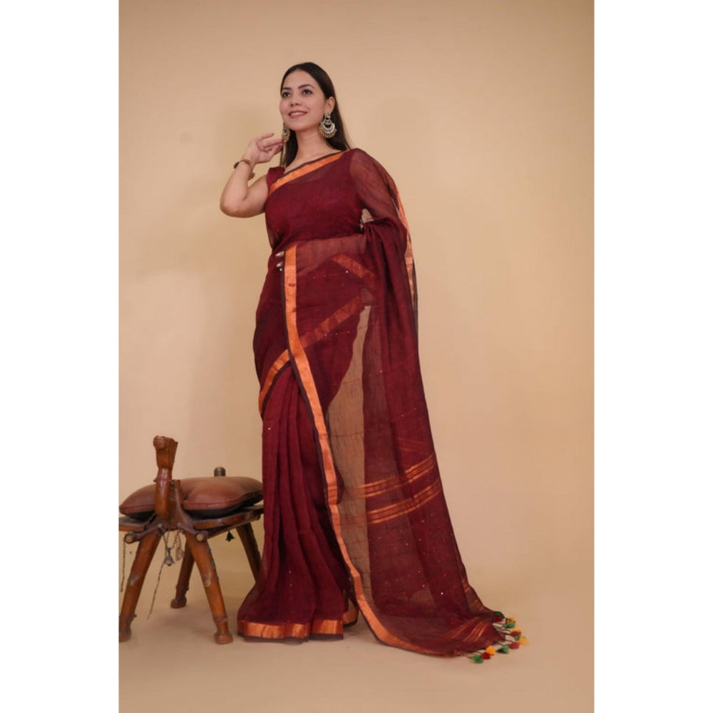Isadora Life Womens Woven Tassels Maroon Pre-Draped Saree With Unstitched Blouse