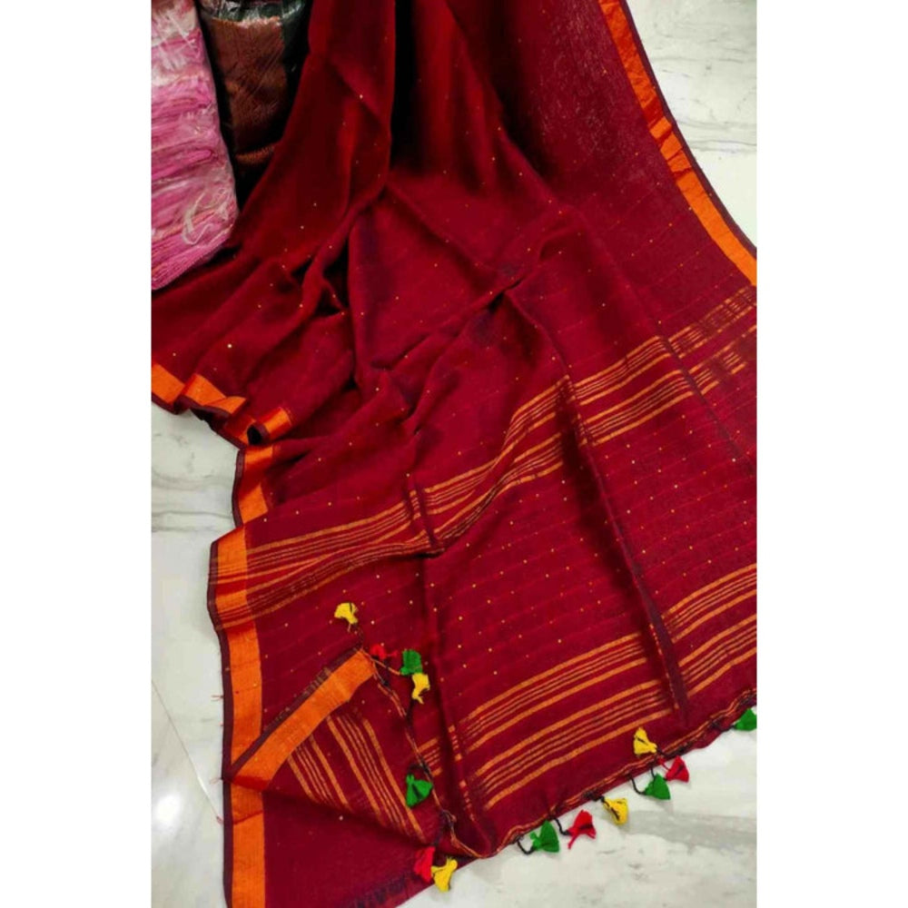 Isadora Life Womens Woven Tassels Maroon Pre-Draped Saree With Unstitched Blouse