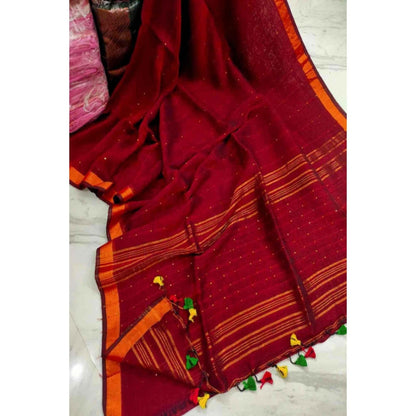 Isadora Life Womens Woven Tassels Maroon Pre-Draped Saree With Unstitched Blouse