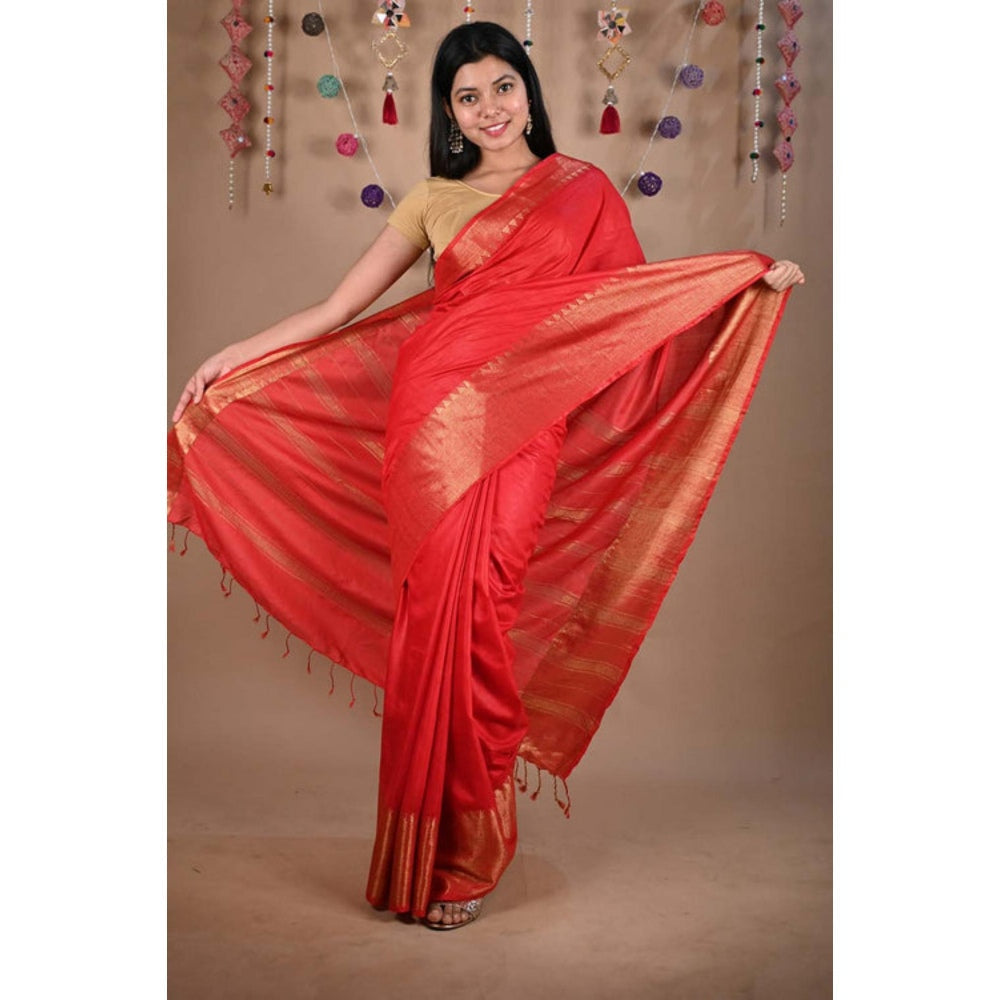 Isadora Life Womens Woven Tassels Red Pre-Draped Saree With Unstitched Blouse