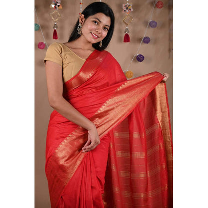 Isadora Life Womens Woven Tassels Red Pre-Draped Saree With Unstitched Blouse