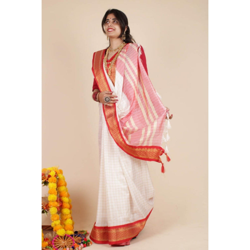 Isadora Life Womens Checks Tassels White Pre-Draped Saree With Unstitched Blouse