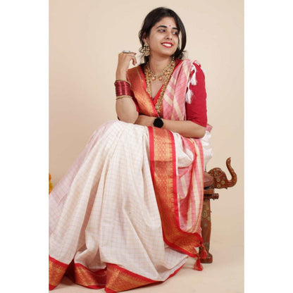 Isadora Life Womens Checks Tassels White Pre-Draped Saree With Unstitched Blouse