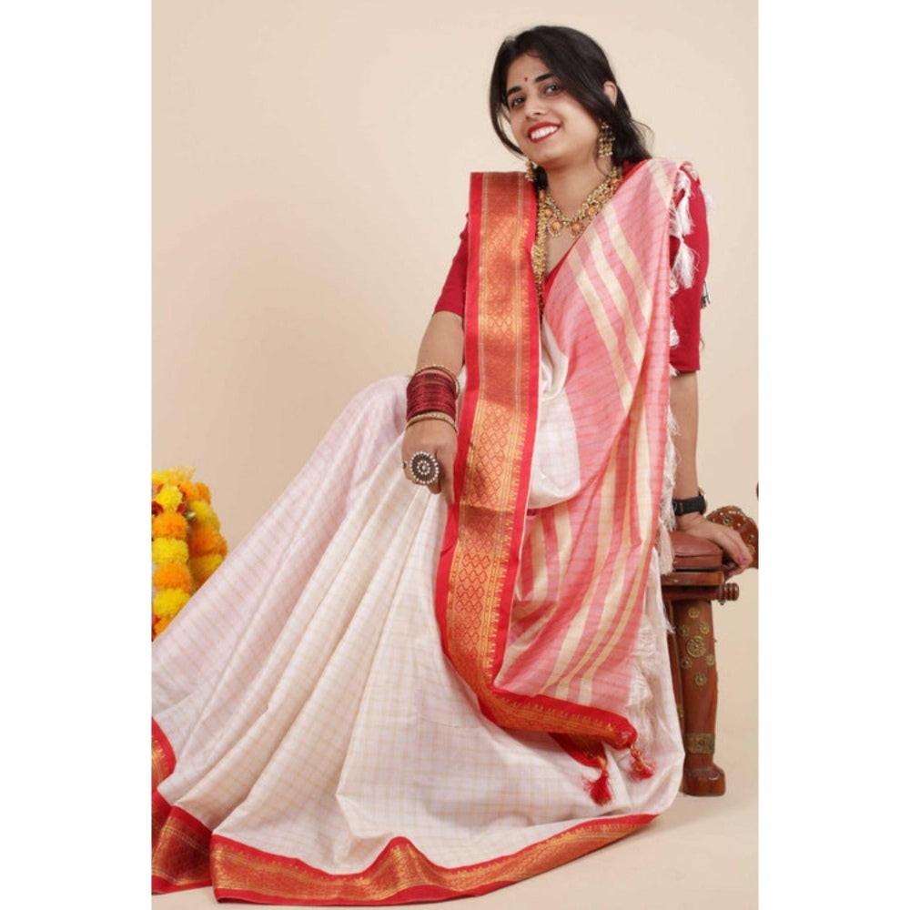 Isadora Life Womens Checks Tassels White Pre-Draped Saree With Unstitched Blouse