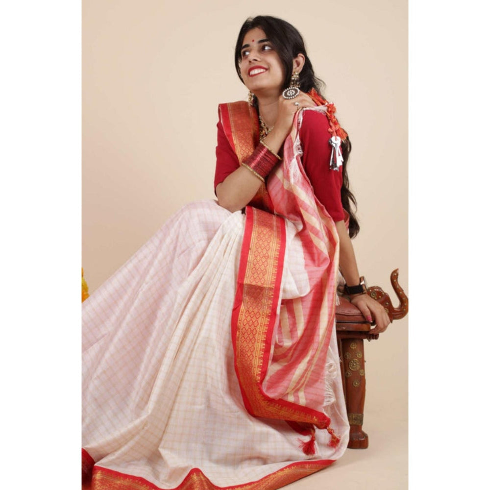 Isadora Life Womens Checks Tassels White Pre-Draped Saree With Unstitched Blouse