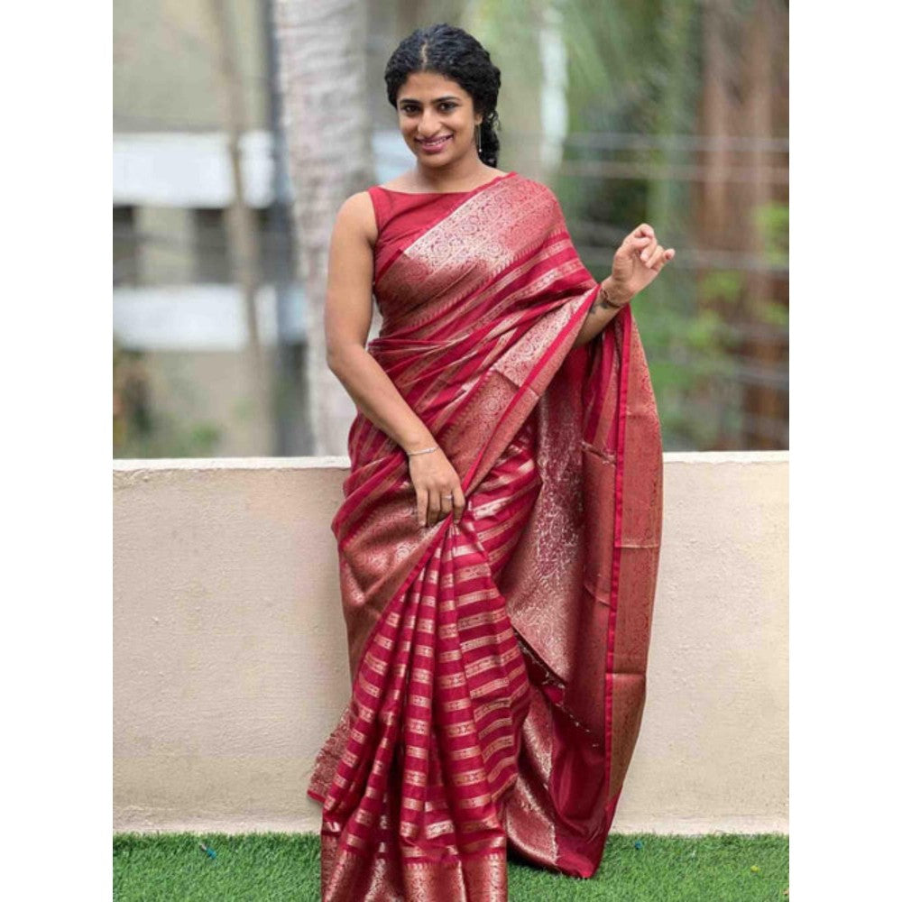 Isadora Life Womens Woven Zari Pink Pre-Draped Saree With Unstitched Blouse