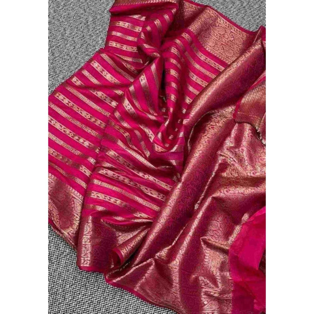 Isadora Life Womens Woven Zari Pink Pre-Draped Saree With Unstitched Blouse