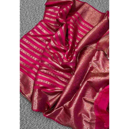 Isadora Life Womens Woven Zari Pink Pre-Draped Saree With Unstitched Blouse