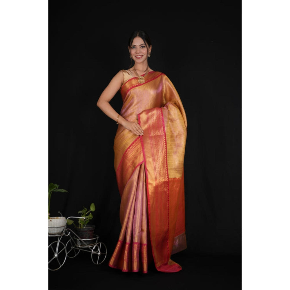 Isadora Life Womens Woven Zari Orange Pre-Draped Saree With Unstitched Blouse