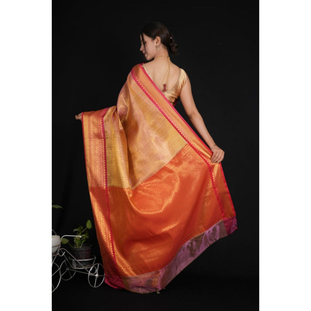 Isadora Life Womens Woven Zari Orange Pre-Draped Saree With Unstitched Blouse