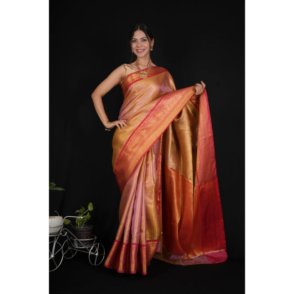 Isadora Life Womens Woven Zari Orange Pre-Draped Saree With Unstitched Blouse