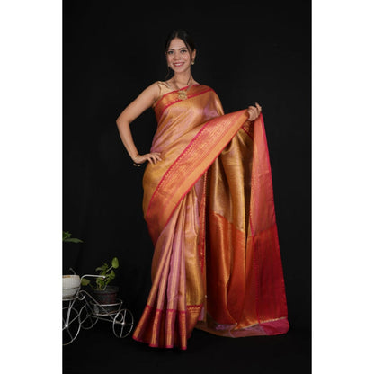 Isadora Life Womens Woven Zari Orange Pre-Draped Saree With Unstitched Blouse