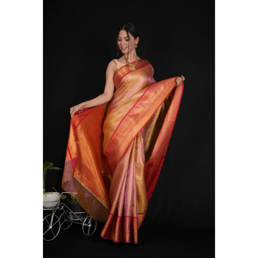 Isadora Life Womens Woven Zari Orange Pre-Draped Saree With Unstitched Blouse