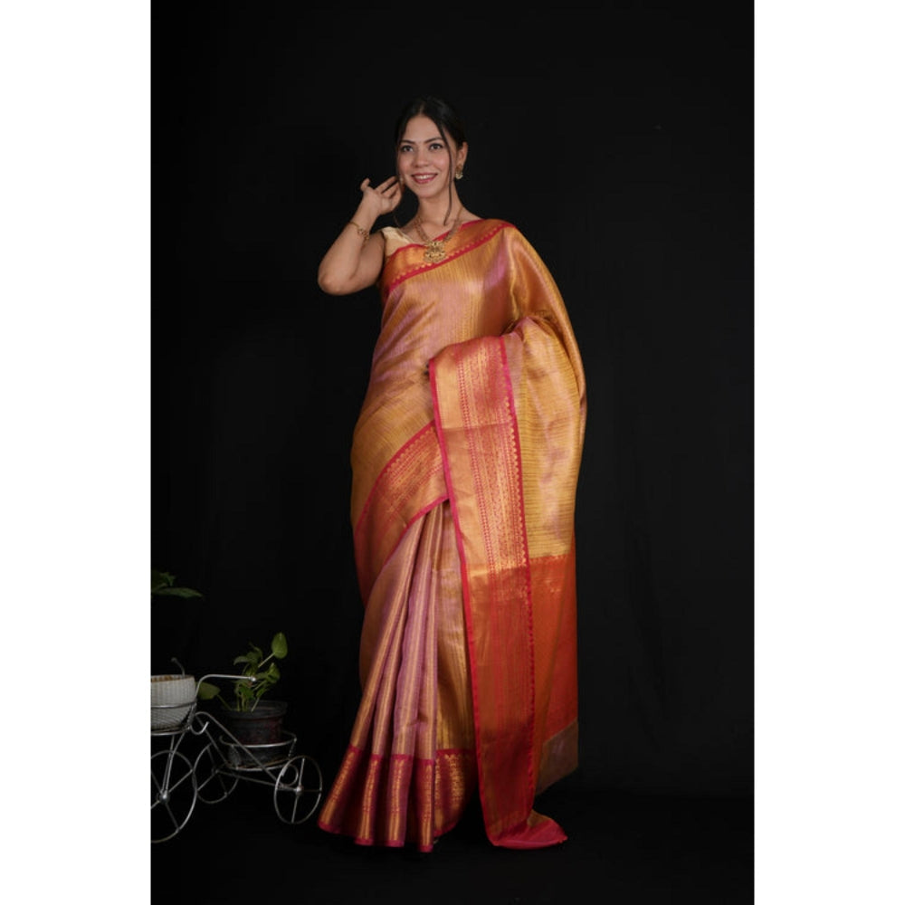 Isadora Life Womens Woven Zari Orange Pre-Draped Saree With Unstitched Blouse