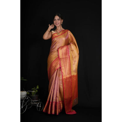 Isadora Life Womens Woven Zari Orange Pre-Draped Saree With Unstitched Blouse