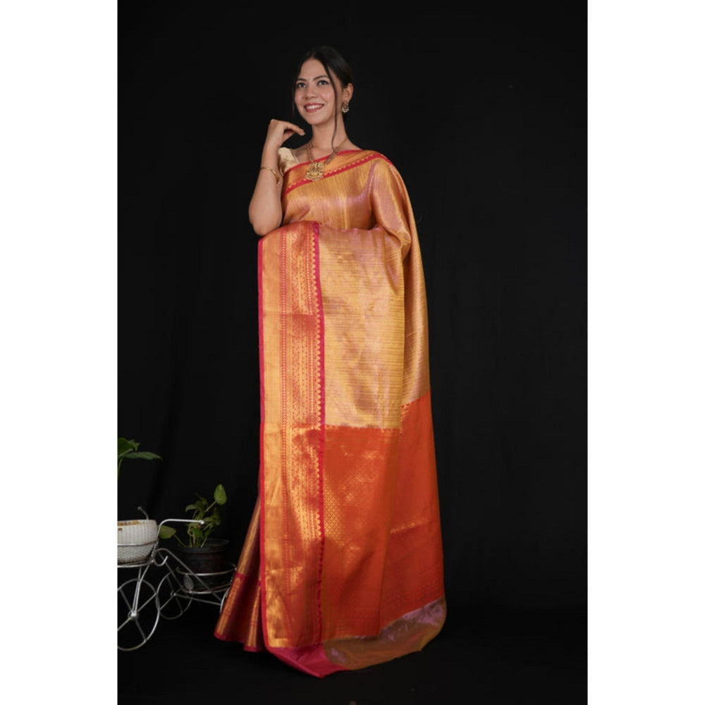 Isadora Life Womens Woven Zari Orange Pre-Draped Saree With Unstitched Blouse