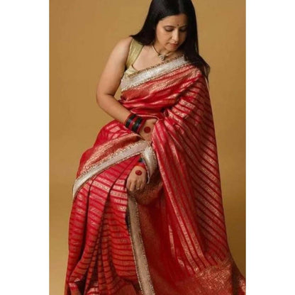 Isadora Life Womens Woven Embroidered Red Pre-Draped Saree With Unstitched Blouse