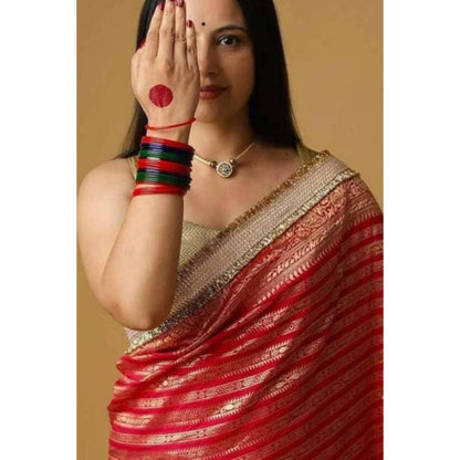 Isadora Life Womens Woven Embroidered Red Pre-Draped Saree With Unstitched Blouse