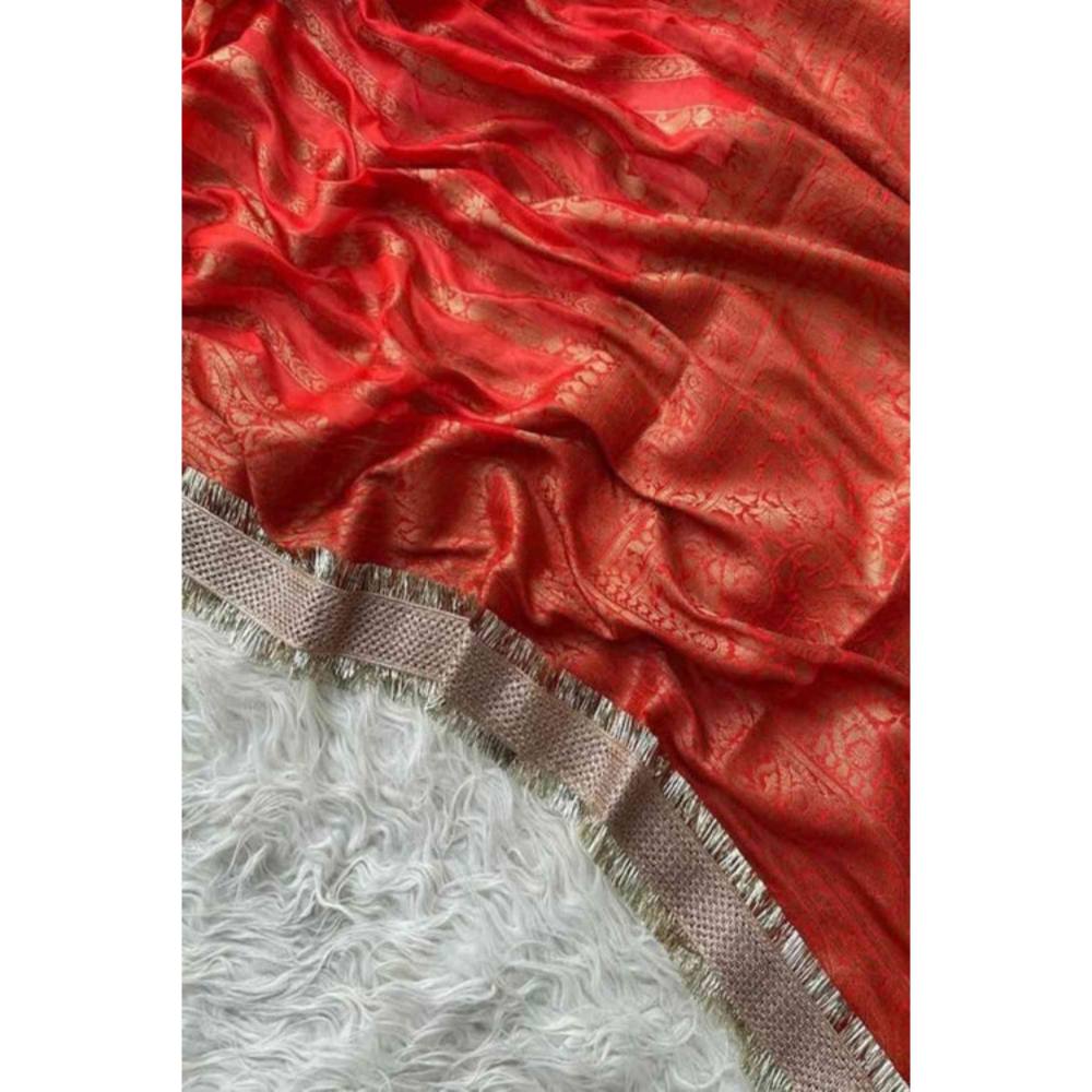 Isadora Life Womens Woven Embroidered Red Pre-Draped Saree With Unstitched Blouse