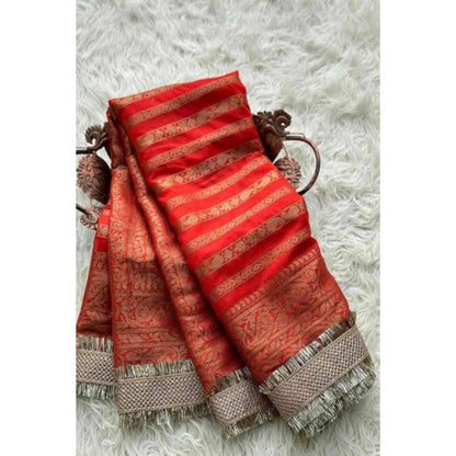 Isadora Life Womens Woven Embroidered Red Pre-Draped Saree With Unstitched Blouse