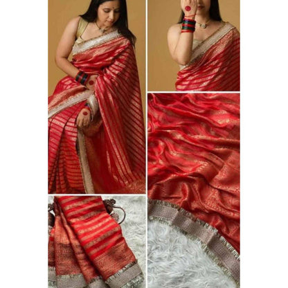 Isadora Life Womens Woven Embroidered Red Pre-Draped Saree With Unstitched Blouse