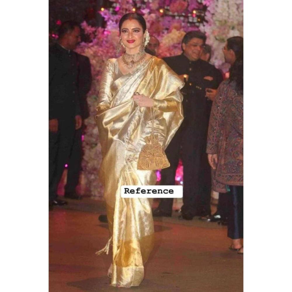 Isadora Life Womens Woven Zari Gold Pre-Draped Saree With Unstitched Blouse