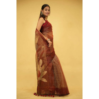 Isadora Life Womens Sequined Tassels Brown Pre-Draped Saree With Unstitched Blouse