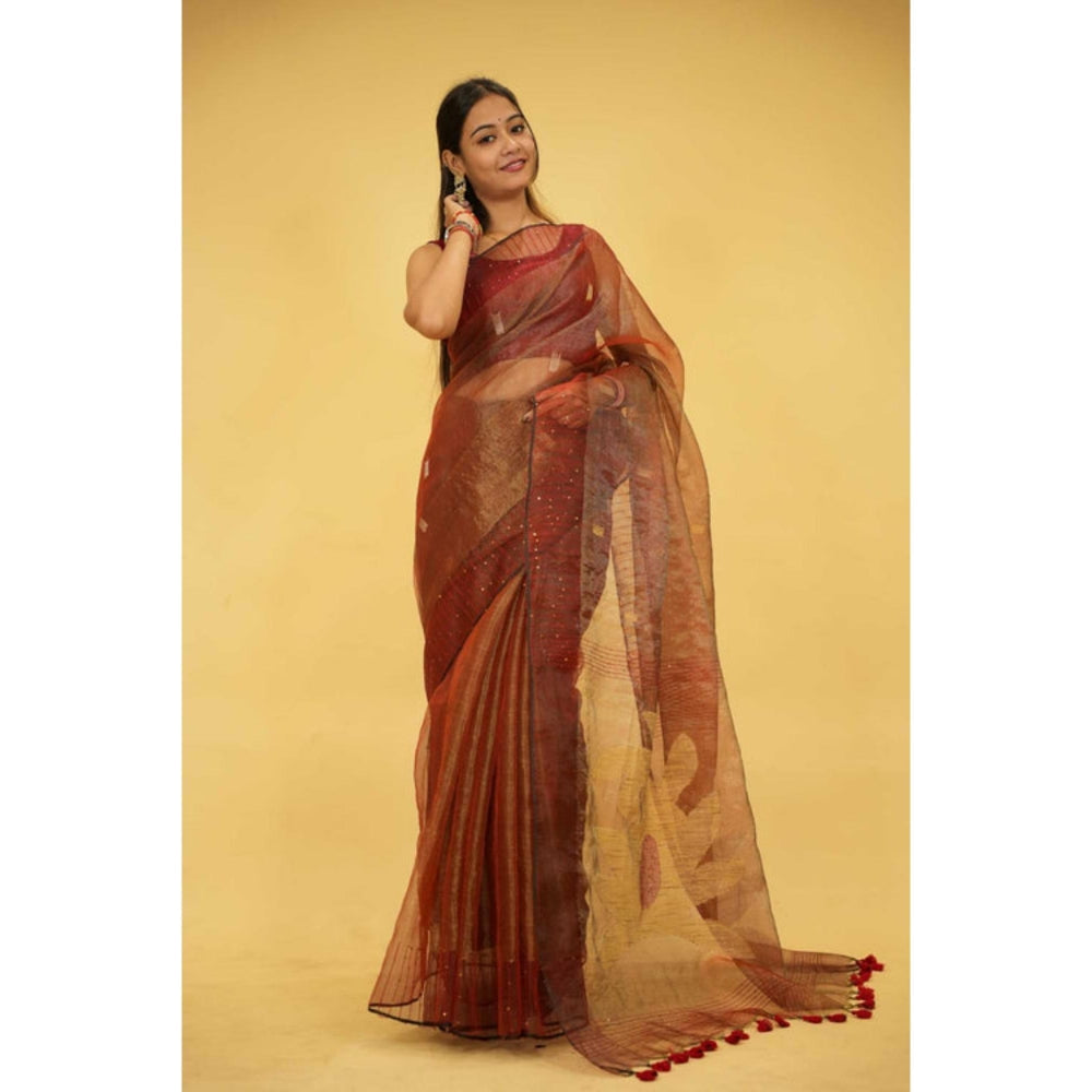 Isadora Life Womens Sequined Tassels Brown Pre-Draped Saree With Unstitched Blouse