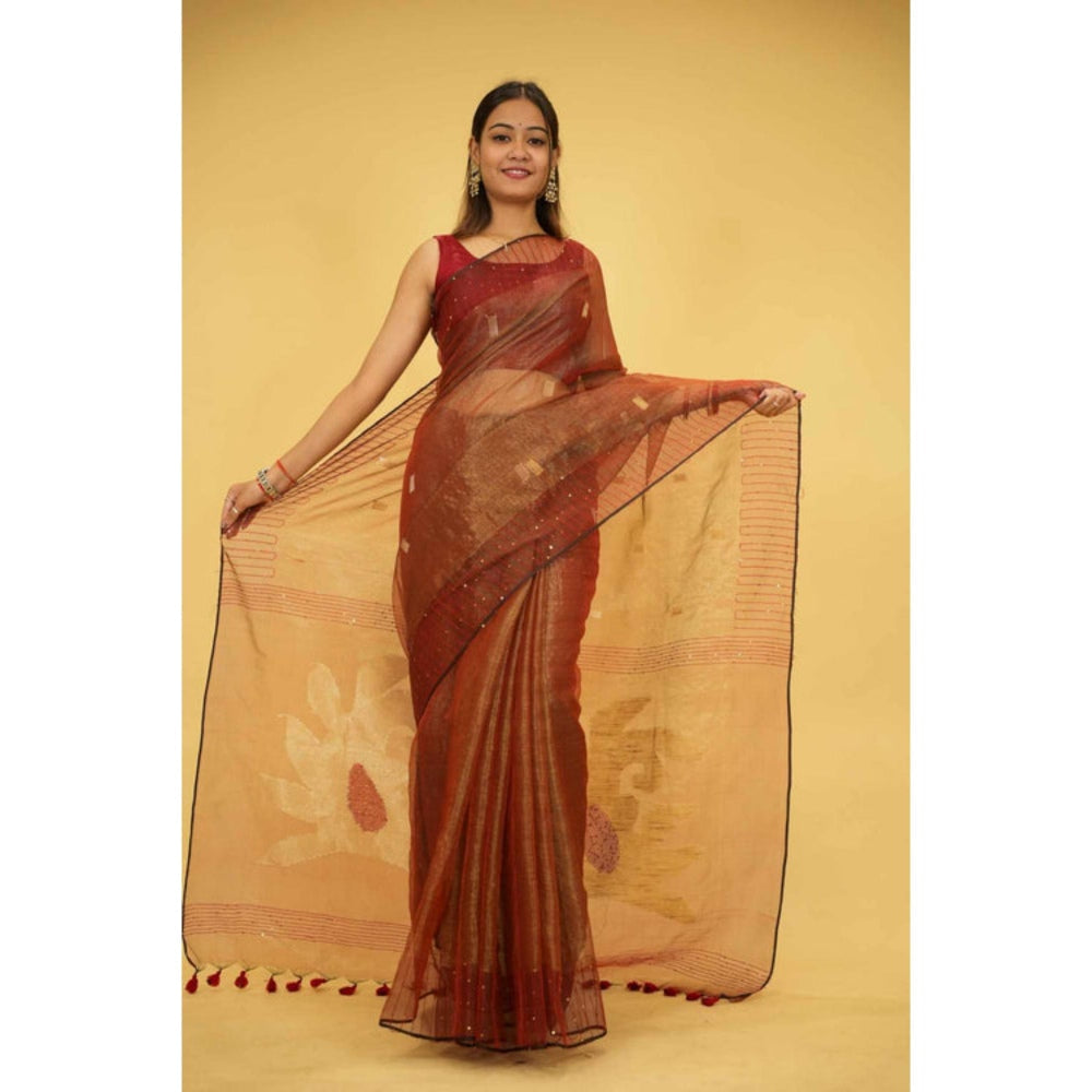 Isadora Life Womens Sequined Tassels Brown Pre-Draped Saree With Unstitched Blouse