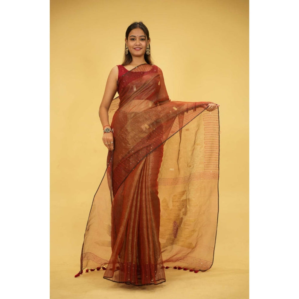 Isadora Life Womens Sequined Tassels Brown Pre-Draped Saree With Unstitched Blouse