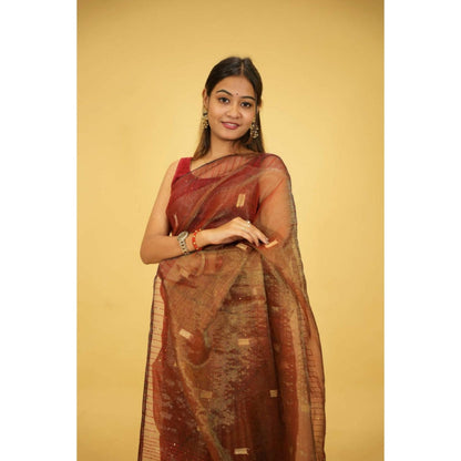 Isadora Life Womens Sequined Tassels Brown Pre-Draped Saree With Unstitched Blouse