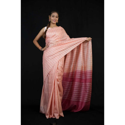 Isadora Life Womens Stripes Tassels Pink Pre-Draped Saree With Unstitched Blouse