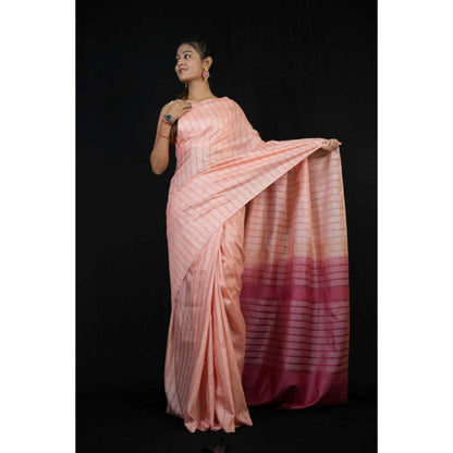 Isadora Life Womens Stripes Tassels Pink Pre-Draped Saree With Unstitched Blouse