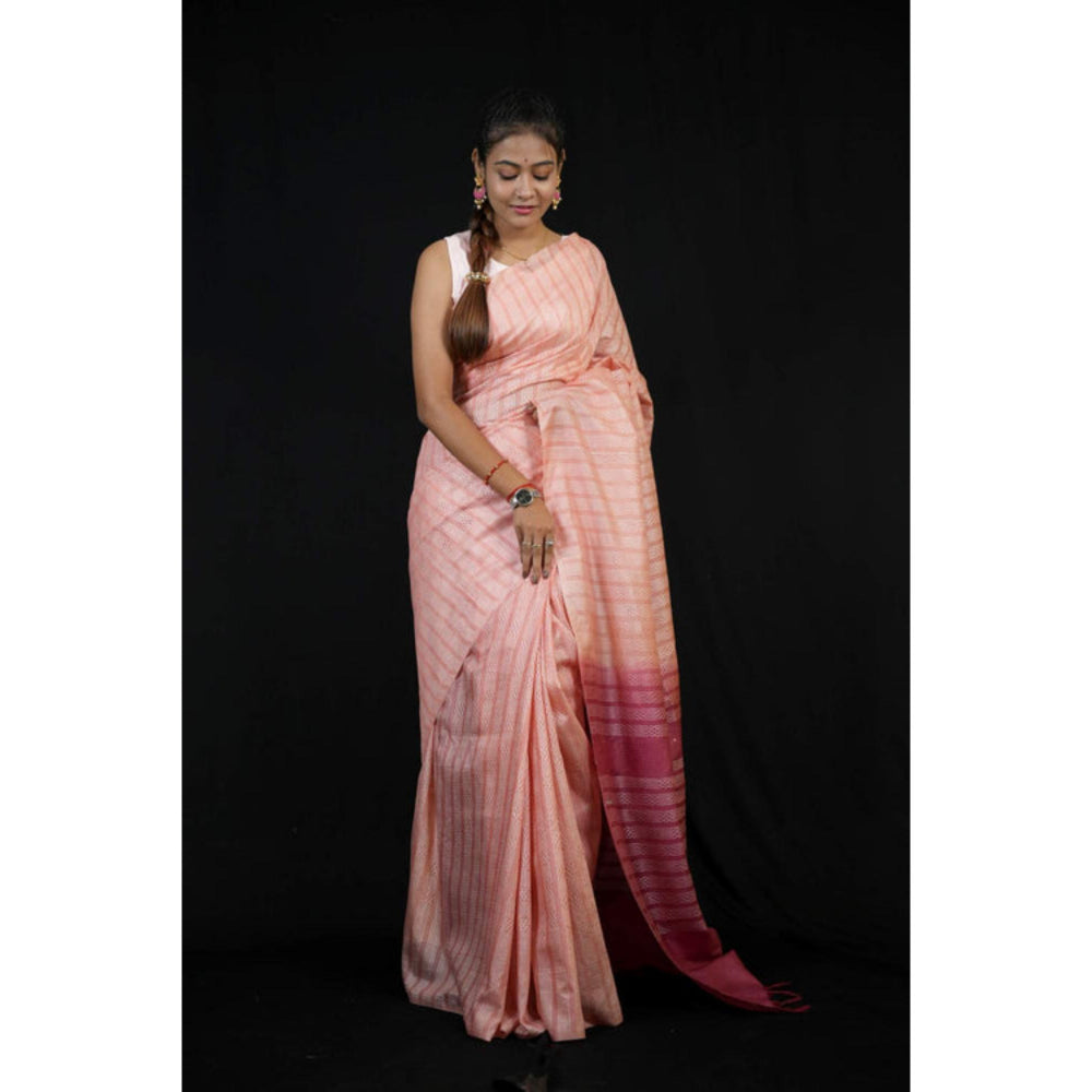 Isadora Life Womens Stripes Tassels Pink Pre-Draped Saree With Unstitched Blouse