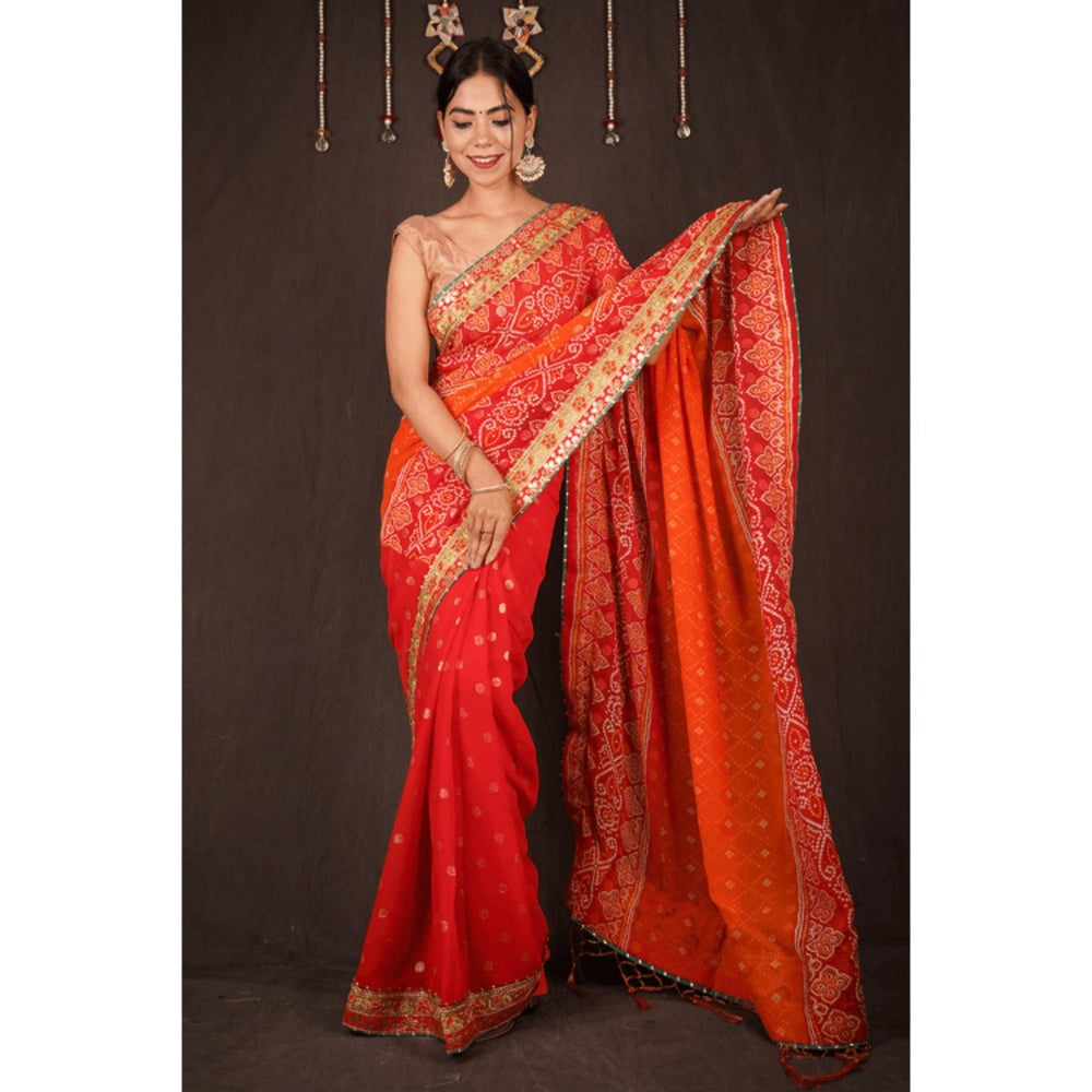 Isadora Life Womens Bandhani Printed Orange Pre-Draped Saree With Unstitched Blouse
