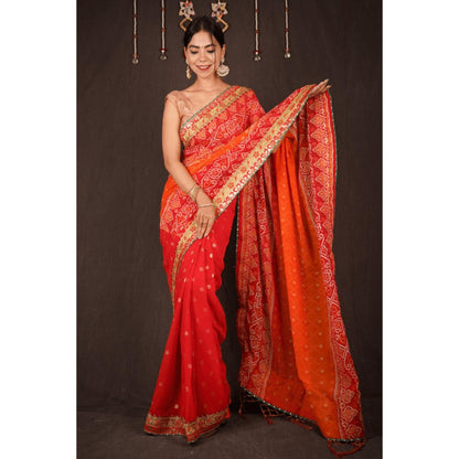 Isadora Life Womens Bandhani Printed Orange Pre-Draped Saree With Unstitched Blouse