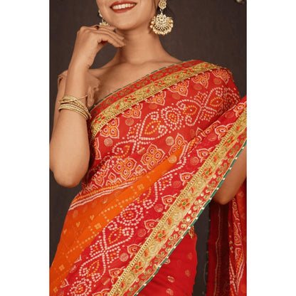 Isadora Life Womens Bandhani Printed Orange Pre-Draped Saree With Unstitched Blouse