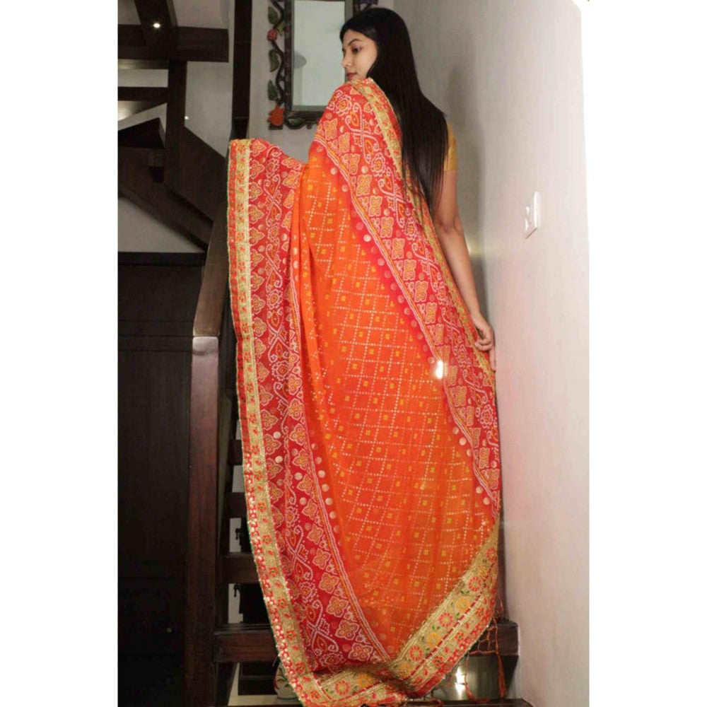 Isadora Life Womens Bandhani Printed Orange Pre-Draped Saree With Unstitched Blouse