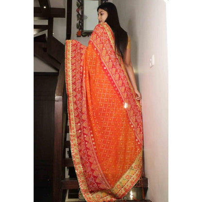 Isadora Life Womens Bandhani Printed Orange Pre-Draped Saree With Unstitched Blouse