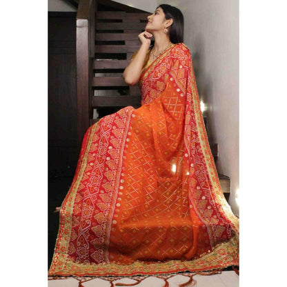 Isadora Life Womens Bandhani Printed Orange Pre-Draped Saree With Unstitched Blouse