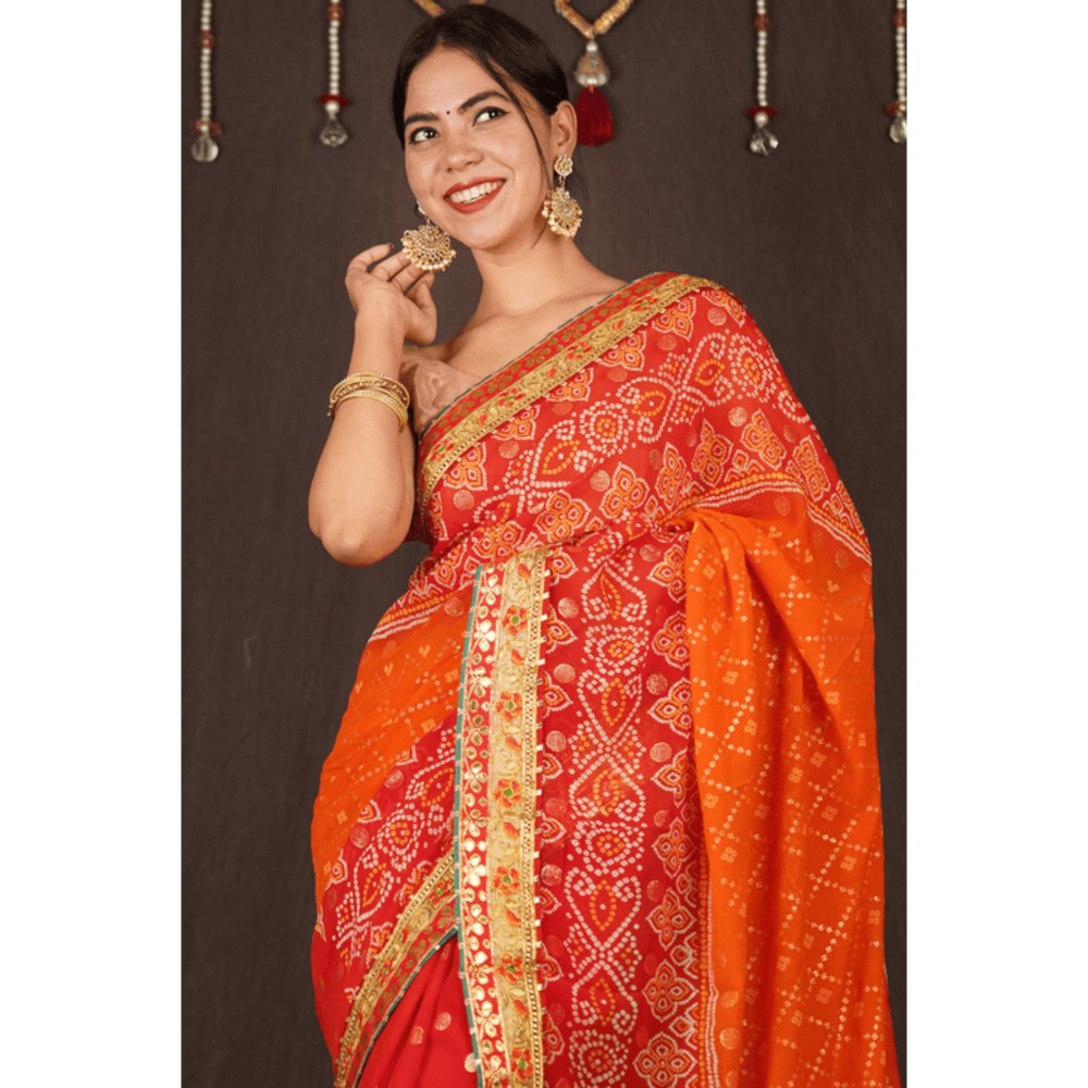 Isadora Life Womens Bandhani Printed Orange Pre-Draped Saree With Unstitched Blouse