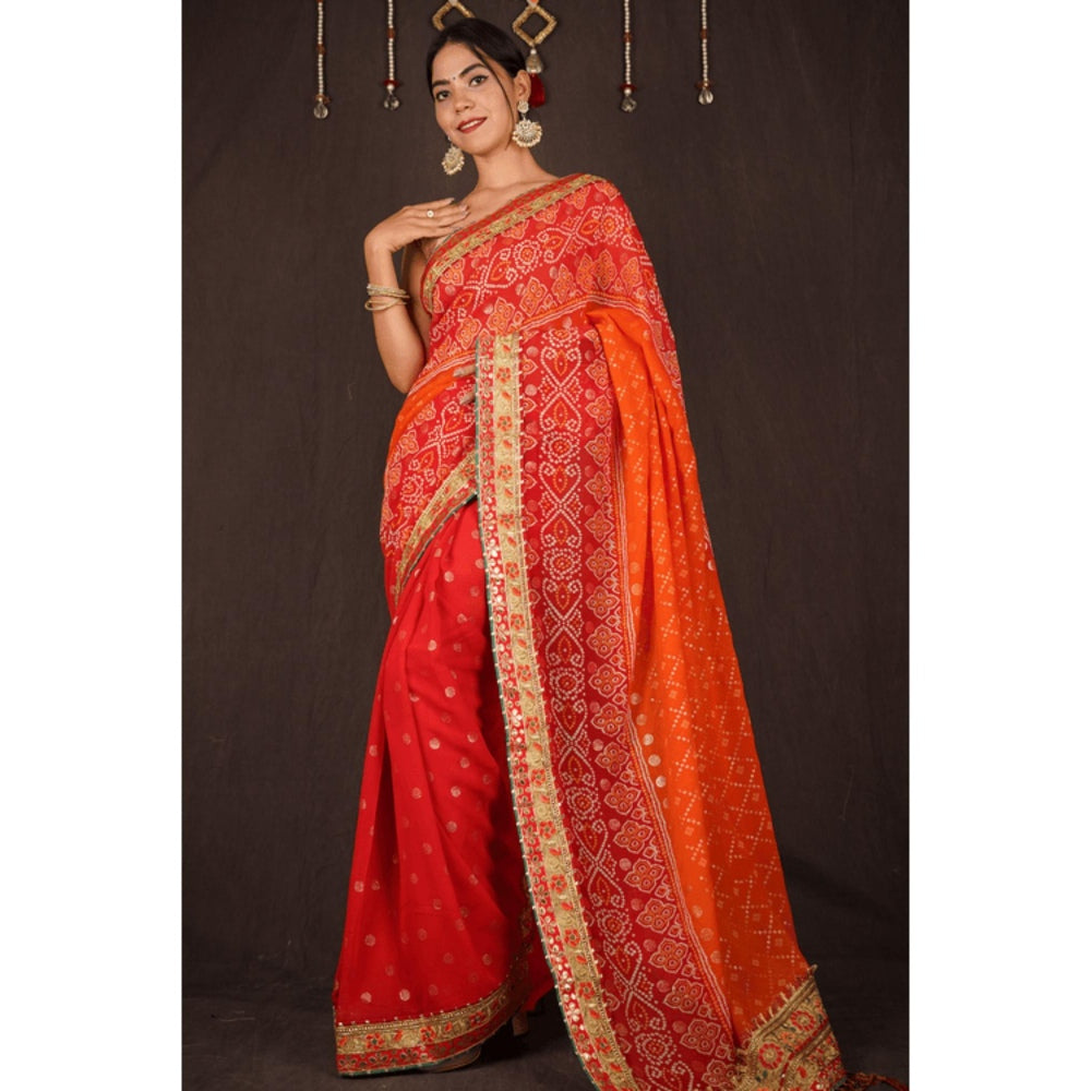 Isadora Life Womens Bandhani Printed Orange Pre-Draped Saree With Unstitched Blouse