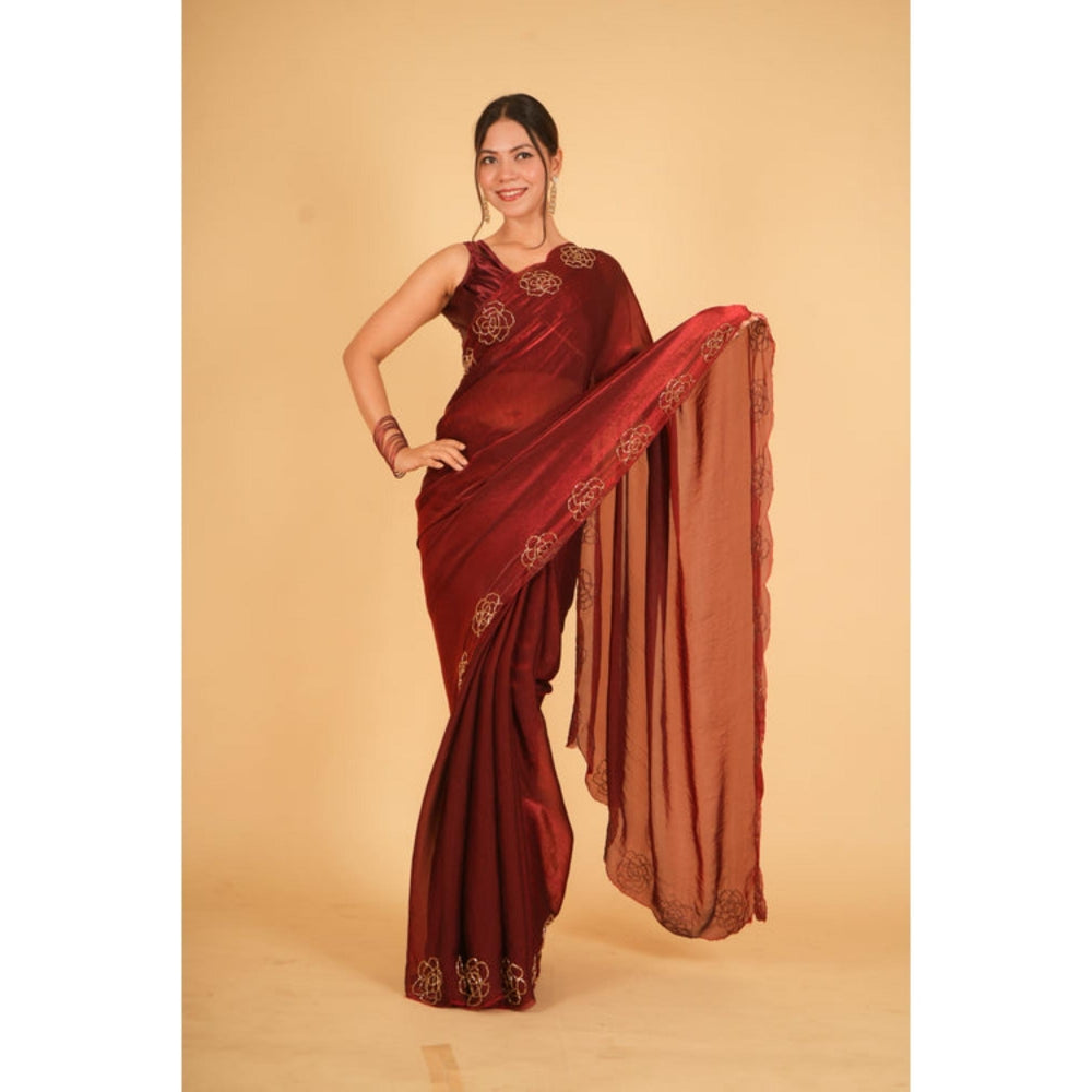 Isadora Life Womens Sequined Maroon Pre-Draped Saree With Unstitched Blouse
